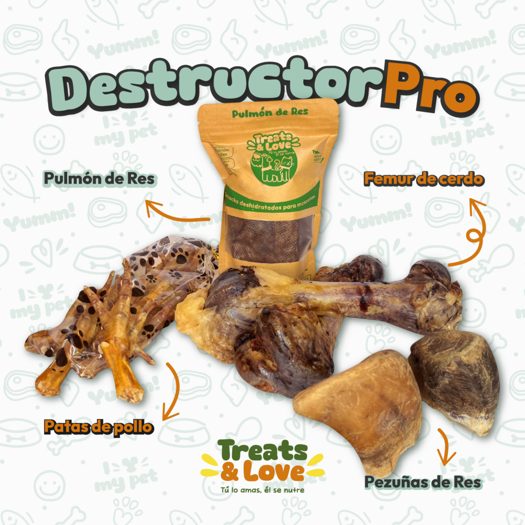 Kit de snacks masticables naturales Destructor Pro para perros con patas de pollo, fémur de cerdo y pezuñas de res